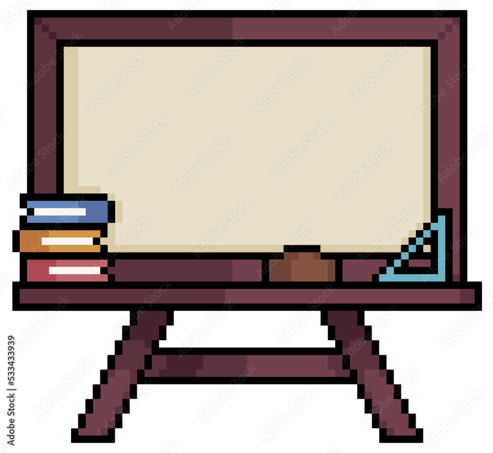 Pixel art empty school blackboard, blackboard with books, eraser and ruler vector icon for 8bit game on white background Pixel art empty school blackboard, blackboard with books, eraser and ruler vector icon for 8bit game on white background
