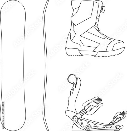 Snowboard, Snowboarding equipment set snowboard board, Snowboard bindings and Snowboard boots sketch drawing, contour lines drawn