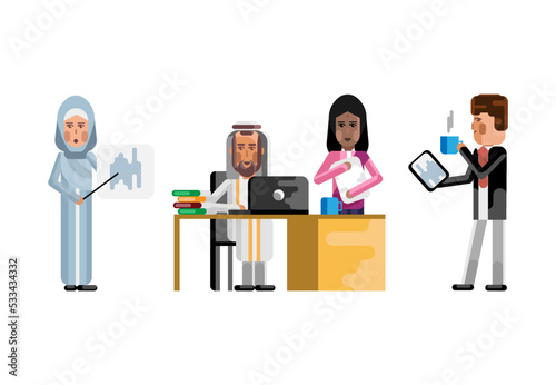 Indian and arabic business staff working in office, woman doing presentation, european businessman with tablet pc. Corporate multicultural business people isolated vector illustration.