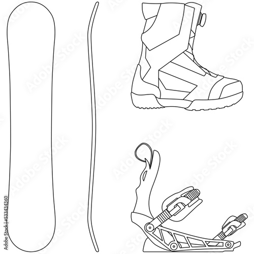 Snowboard, Snowboarding equipment set snowboard board, Snowboard bindings and Snowboard boots sketch drawing, contour lines drawn