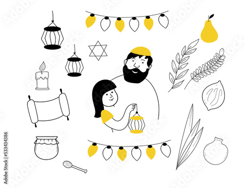 Sukkot vector doodle set, israel happy greeting sukkot cards elements, Green hebrew, sukkah etrog, palm leaves and lemon.Religious party decor.
