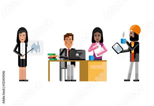 Multiethnic business staff in office, asian speaker doing presentation, indian businessman in turban with tablet pc. Corporate multicultural business people isolated vector illustration.