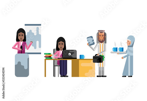 Arabic and indian business team working in office, doing business presentation, secretary with coffee cups. Corporate multicultural business people isolated vector illustration.