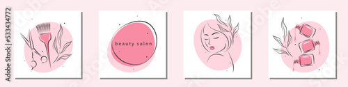 Beauty salon logo set. Beautiful woman face, nail polish, scissors and hair brush. Manicure, makeup, hairdressing. Vector illustrations