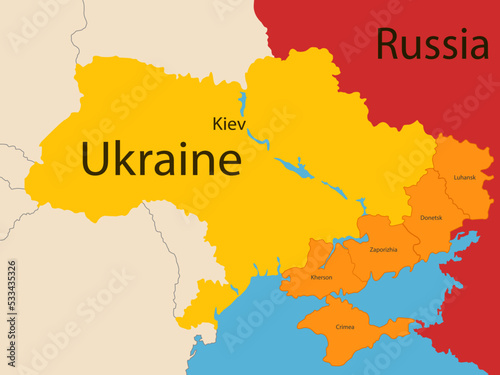 geographical map of Ukraine with regions captured by Russia