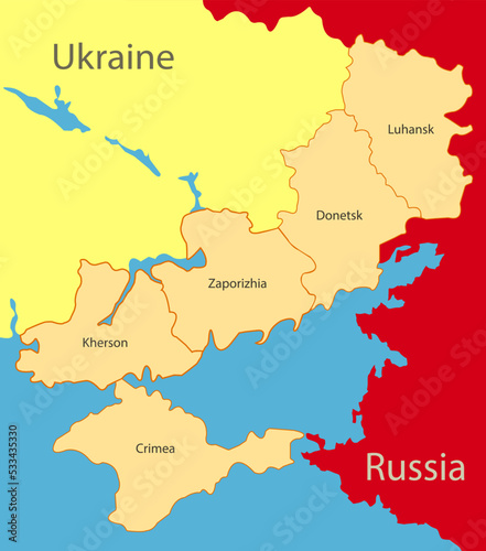 Donetsk, Lugansk, Zaporozhye, Kherson regions and the Republic of Crimea on the map