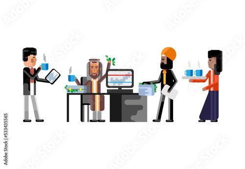 Business meeting arab businessman with indian investor, indian secretary with coffee cups, asian man with tablet pc. Corporate multiethnic business people isolated vector illustration.