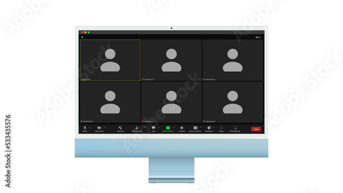 Video conference user interface, Six users. Video conference calls window overlay on desktop, video chat UI elements, webinar, online meeting. Vector illustration