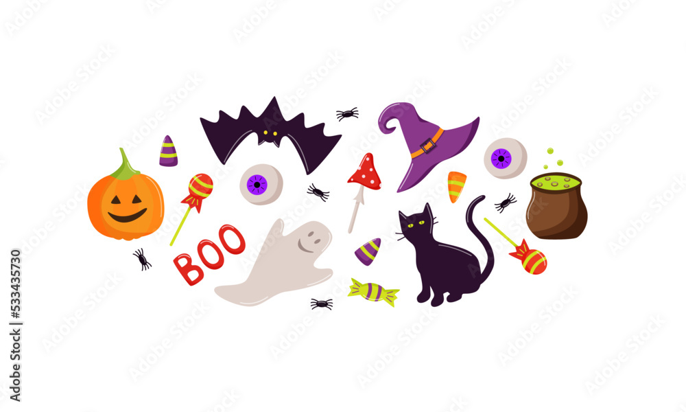 Cartoon set of Halloween icons, vector doodle illustration, holiday elements day of the dead. Cartoon set of Halloween icons, vector doodle illustration, holiday elements day of the dead.