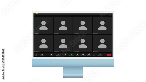 Zoom interface mockup. Communication concept. Nine participants. The four participants in the center are large. Stock image. EPS 10. Vector illustration
