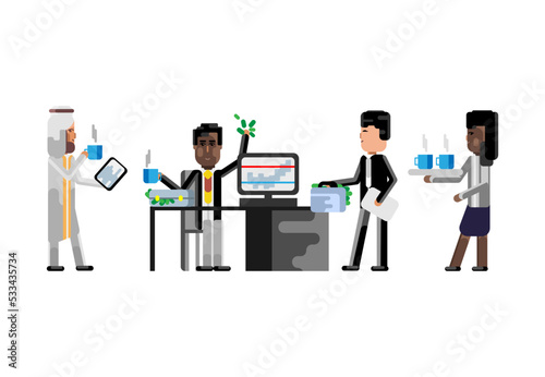 Multiethnic business staff in office, asian investor with money suitcase, arab man with tablet pc. Corporate multicultural business people isolated vector illustration.