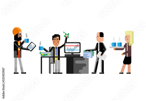 Multiethnic business staff in office, asian investor with money suitcase, indian man with tablet pc, secretary with coffee cups. Corporate multicultural business people isolated vector illustration.