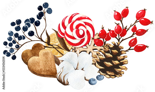 Hand drawing winter arrangement with berries, cone, gingerbread, candy, isolated on transparent background
