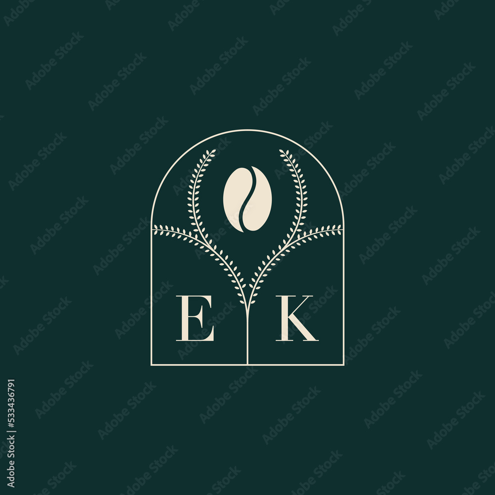 EK initial monogram with coffee bean logo design - obrazy, fototapety, plakaty 