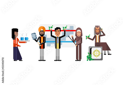 Multiethnic business team doing presentation, secretary with coffee cups, arabic investor sitting on bank safe. Corporate multicultural business people isolated vector illustration.