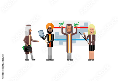 Multiethnic business team doing presentation before arab investor with money suitcase. Corporate multicultural business people isolated vector illustration.