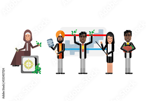 Multiethnic business team doing presentation before arabic businesswoman in hijab sitting on bank safe with money. Corporate multicultural business people isolated vector illustration.