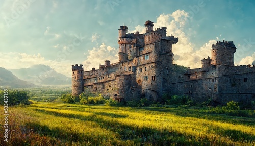 Ancient castle with stone brick walls on green meadows, blue sky with white clouds 3d illustration