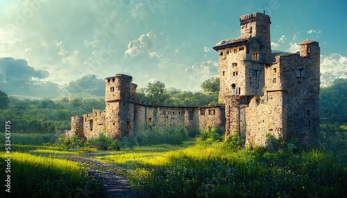 Landscape with a castle with stone walls and green trees, a sandy road under a blue sky with white clouds 3d illustration