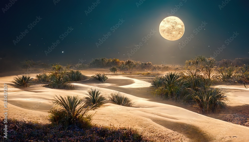 Night desert with an oasis under the starry sky and full moon 3d illustration - obrazy, fototapety, plakaty 