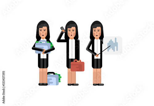 Group of asian businesswoman doing business presentation, standing with money suitcase and talking on phone. Corporate business people isolated vector illustration.