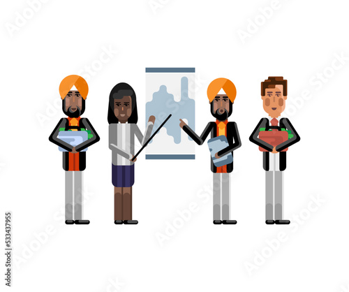 Multiethnic business team doing presentation before european and indian investors with money suitcases. Corporate multicultural business people isolated vector illustration.