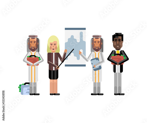 Business team doing financial presentation near whiteboard before african and arabic depositors. Corporate multicultural business people isolated vector illustration.