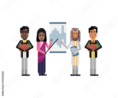 Multiethnic business team doing presentation before african and asian investors with money suitcases. Corporate multicultural business people isolated vector illustration.