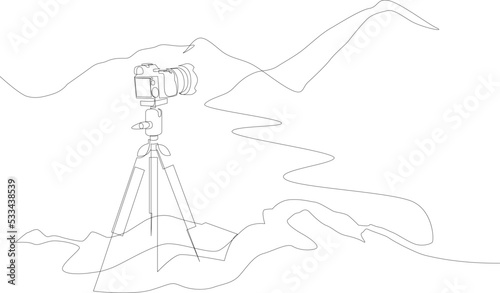 One continuous line drawing of camera on a tripod shooting mountains. Vector illustration.
