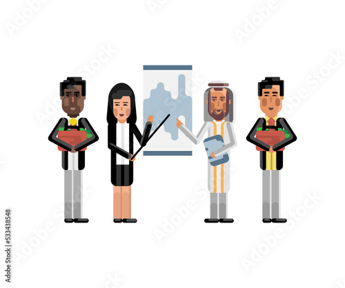 Multiethnic business team doing presentation near whiteboard, african and asian investors with money suitcases. Corporate multicultural business people isolated vector illustration.
