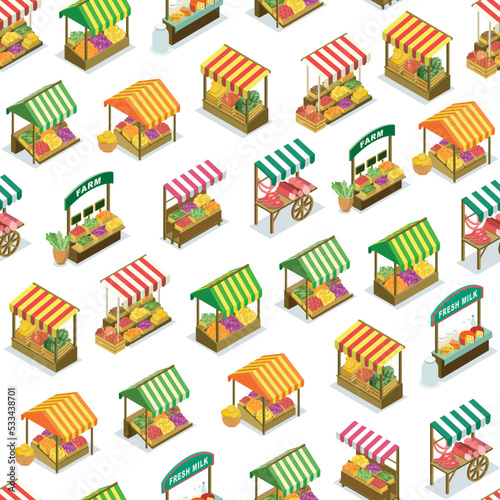 Street farm market food counter with fruits and vegetables seamless pattern. Portable vendor booth with canopy isometric vector illustration. Shopping zone of natural farm food, street trading.