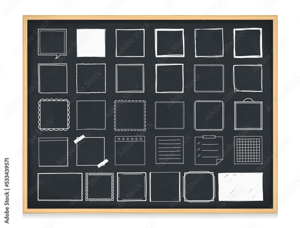 Set of handdrawn doodle squares and objects on blackboard Set of handdrawn doodle squares and objects on blackboard
