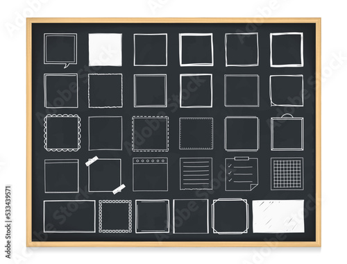 Set of handdrawn doodle squares and objects on blackboard