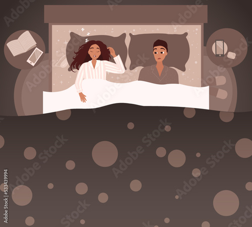 Snoring woman cartoon flat illustration. Sleep problems and disorders. Sleep apnea, breathing disease concept. Man suffers insomnia