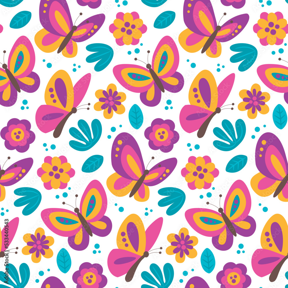Seamless cute vector floral spring pattern with insects, butterfly, flowers, plants, leaves Seamless cute vector floral spring pattern with insects, butterfly, flowers, plants, leaves