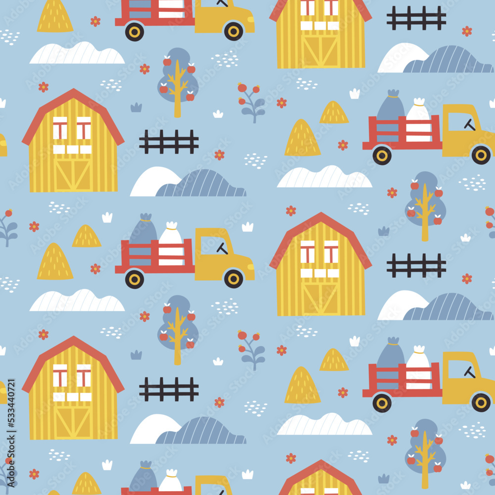 Seamless cute vector pattern with farm, car, tree, plant, house, truck, tractor, bag, fence, hillock, hill, shed, haystack