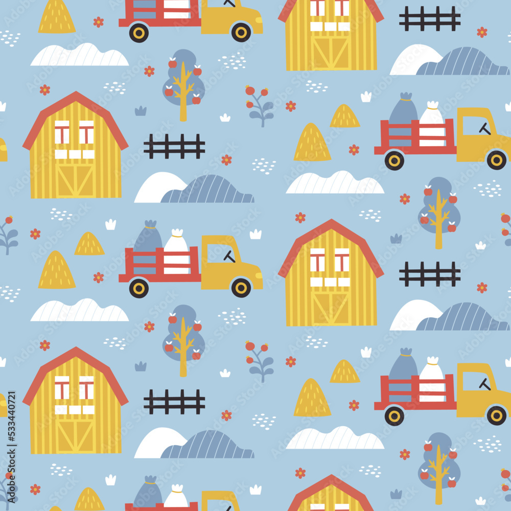 Seamless cute vector pattern with farm, car, tree, plant, house, truck, tractor, bag, fence, hillock, hill, shed, haystack Seamless cute vector pattern with farm, car, tree, plant, house, truck, tractor, bag, fence, hillock, hill, shed, haystack