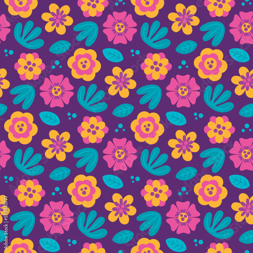 Seamless cute vector floral pattern with flowers, plants, branches, leaves, nature