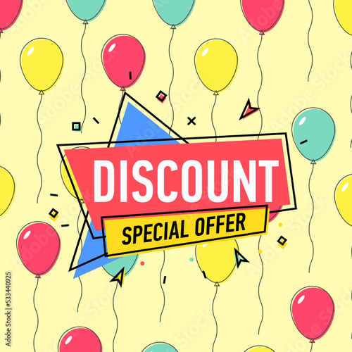 Discount proposition poster with air balloons on yellow background. Special offer, retail marketing, mall advertising campaign, weekend and holiday shopping vector illustration in linear style.