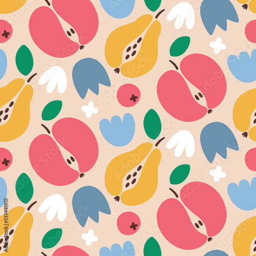 Seamless vector abstract floral pattern with fruits, apple, pear, leaves, plants, berry, flower