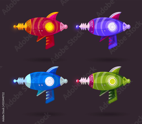 A set of bright neon space guns is a fantastic weapon in a cartoon style. Isolated vector props on a dark background. Game items. Isolates.
Comic guns.
