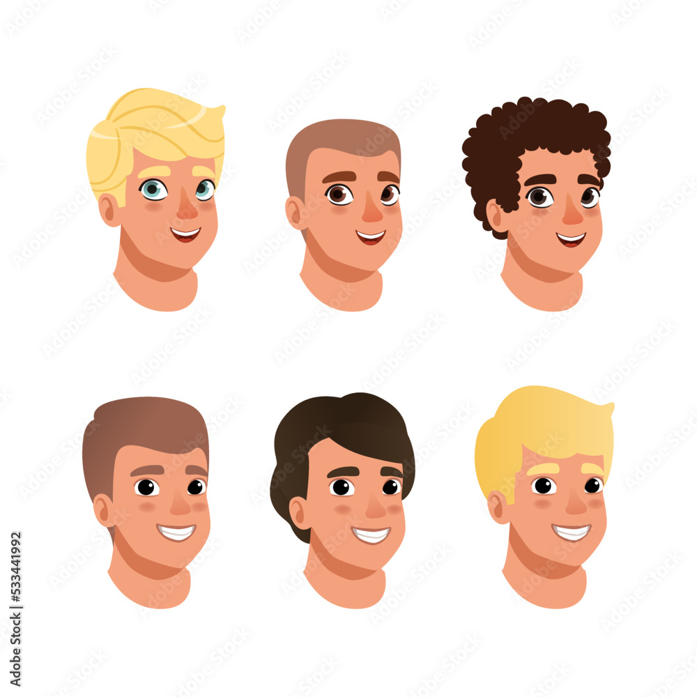 Teenage boys heads set. Smiling boys characters constructor for animation cartoon vector illustration Teenage boys heads set. Smiling boys characters constructor for animation cartoon vector illustration