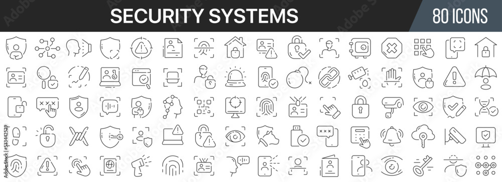 Security systems line icons collection. Big UI icon set in a flat design. Thin outline icons pack. Vector illustration EPS10 Security systems line icons collection. Big UI icon set in a flat design. Thin outline icons pack. Vector illustration EPS10