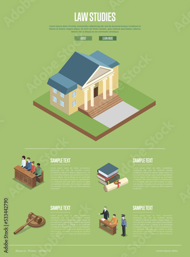 Law studies isometric 3D poster with judge gavel, jury trial, law books, courthouse building and defendant with lawyer. Law and judgment legal justice concept, legal education vector illustration.