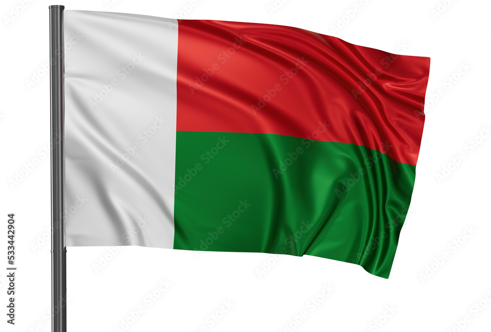 Madagascar national flag, waved on wind, PNG with transparency