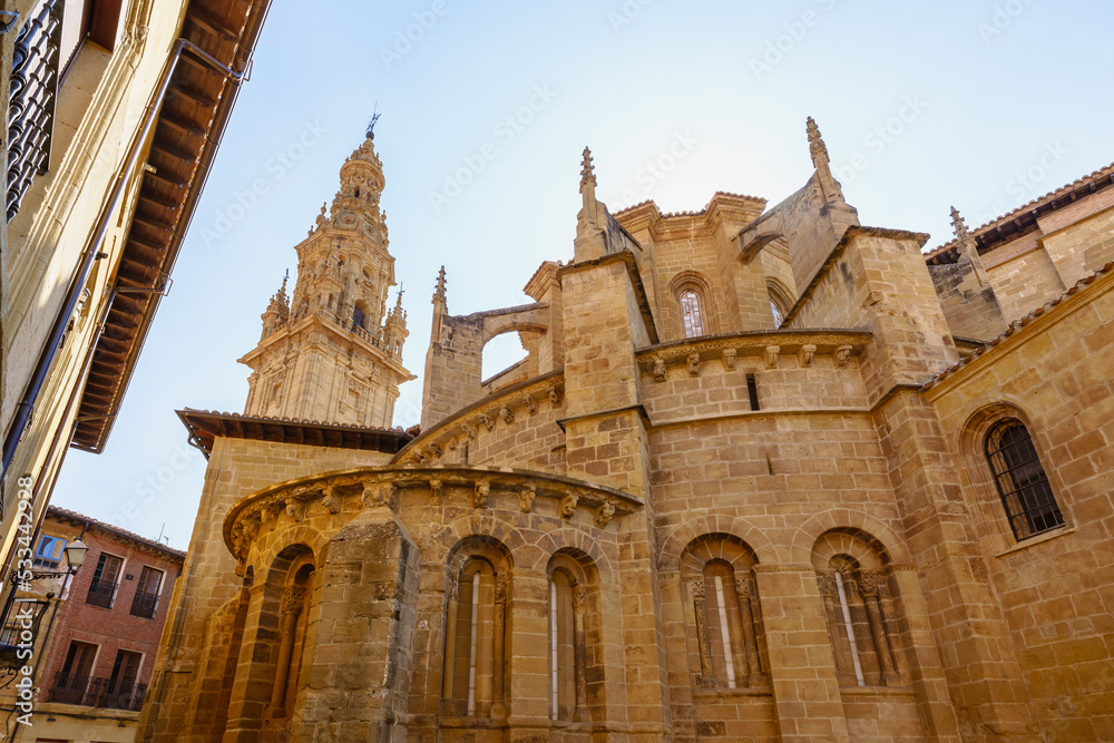 Rear view of the Romanesque apse of the cathedral of Santo Domingo de la Calzada and the baroque bell tower