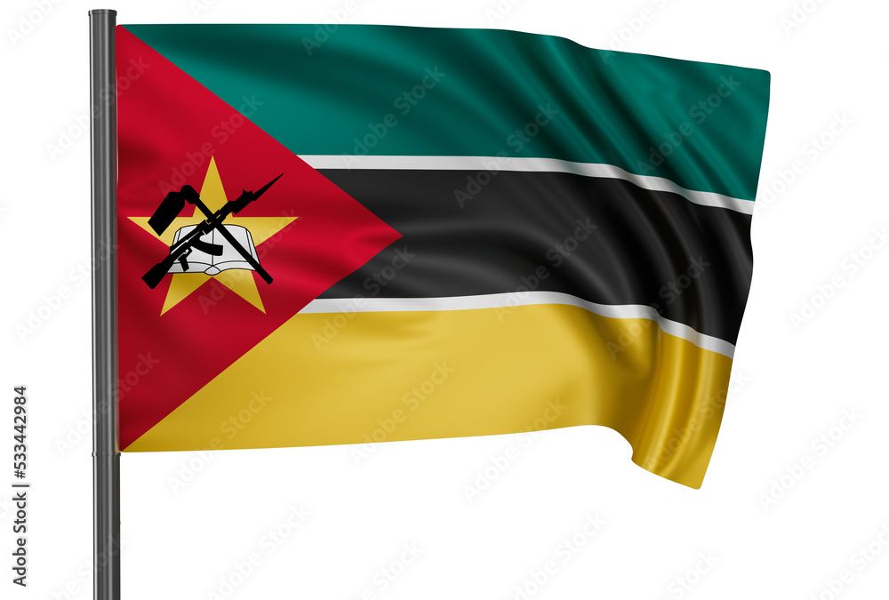 Mozambique national flag, waved on wind, PNG with transparency Mozambique national flag, waved on wind, PNG with transparency