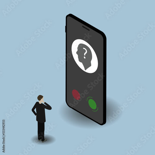 Isometric phone. 3D smartphone. Businessman. Smartphone. Incoming call. A call from an unknown subscriber. Contact icon on the screen. Blue background.