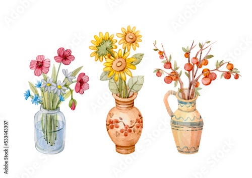 Wallpaper Mural Watercolor illustrations with bouquets of flowers in jugs in the Ukrainian style. (Sunflower flowers in an ethnic jug, still life with apple branches, bouquet with poppies, daisies and cornflowers) Torontodigital.ca