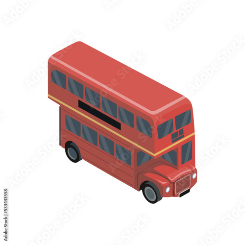 Red double decker bus isometric 3D element. Motor transportation icon, urban and countryside traffic icon vector illustration.